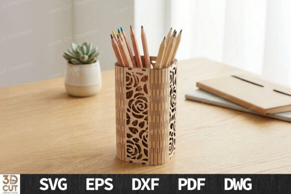 Download Floral Rose Wood Pen Holder SVG - Premium Resources
